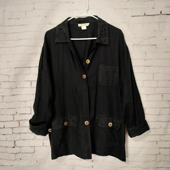 Paul Reid Sz 2/LG Women's Silk Black Jacket Shacket Cuff long Sleeves Floral - Picture 1 of 8